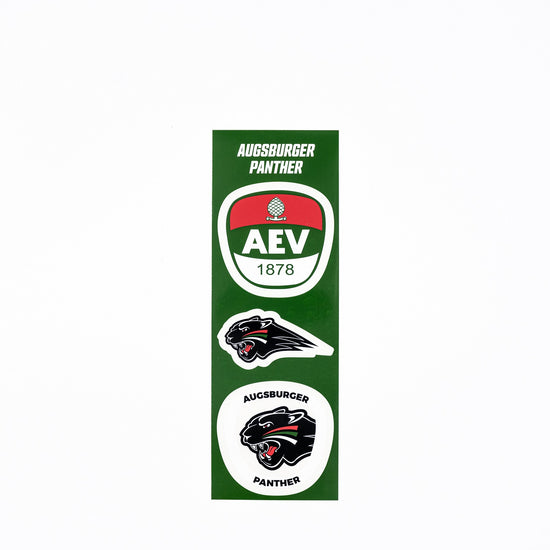 Pantherkopf, Pantherwappen und AEV-Logo untereinander auf einer Aufkleberkarte. 