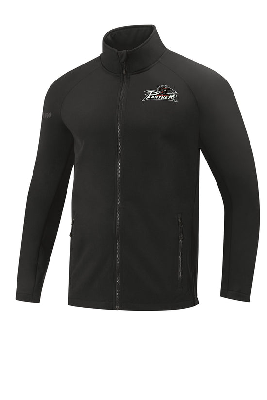 Schwarze Softshell-Jacke mit Augsburger Panther Logo auf der Brust. 