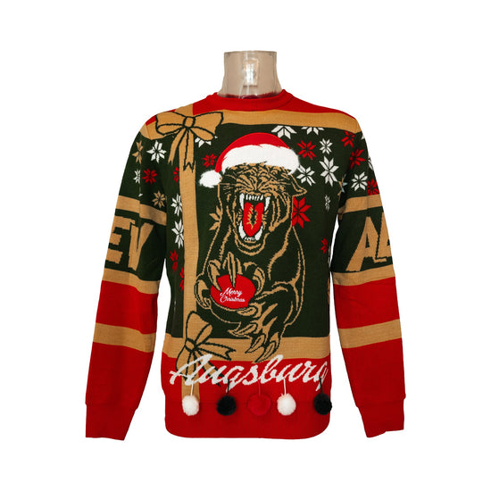 Rot-grüner Weihnachtssweater aus Baumwolle mit großem Retro-Panther auf der gesamten Vorderseite und weihnachtlichen Verzierungen.