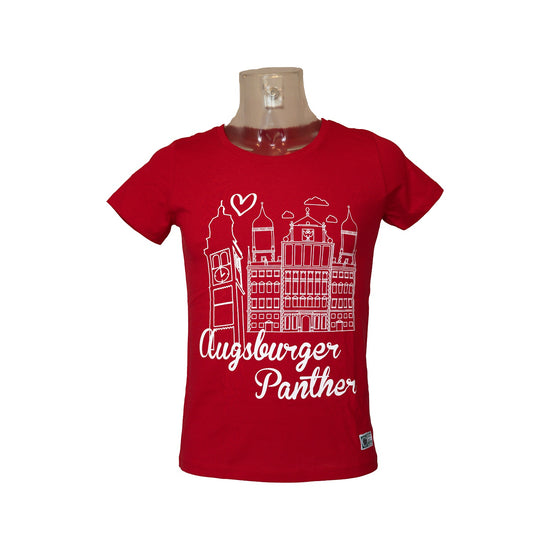 Rotes Tshirt mit großem Rathaus und Perlachturm über einem verschnörkeltem Augsburger Panther Schriftzug.