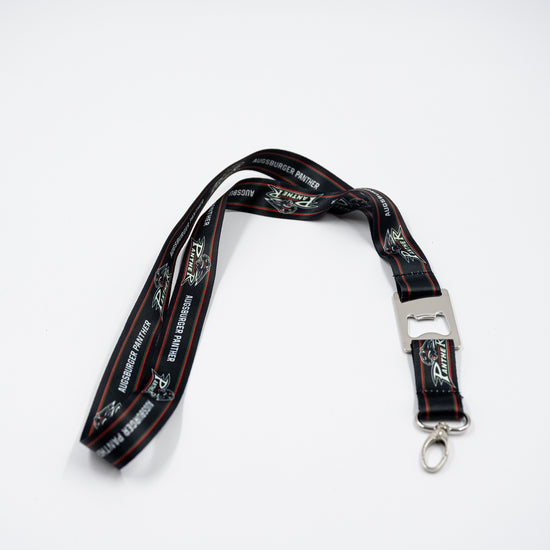 Schwarzes Lanyard mit abwechselnden Pantherlogos und "Augsburger Panther"-Schriftzügen