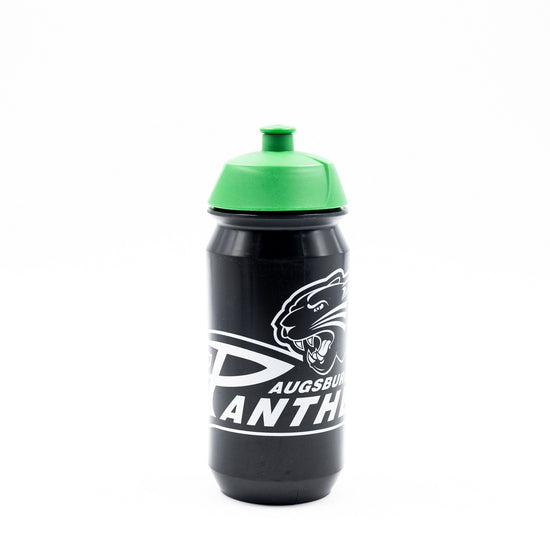 Schwarze Plastiktrinkflasche mit einfarbigem Pantherlogo und grünem Deckel